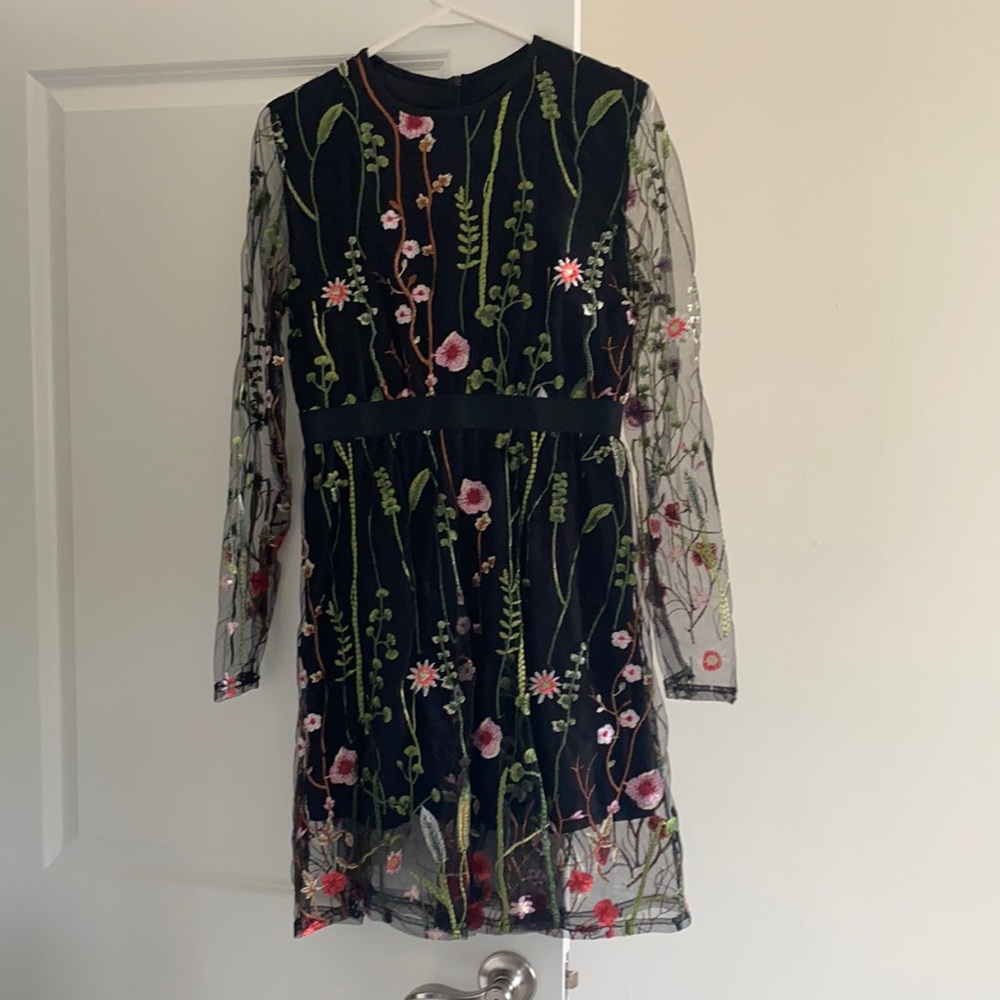 Flowery Embroidered Mesh Overlay Dress